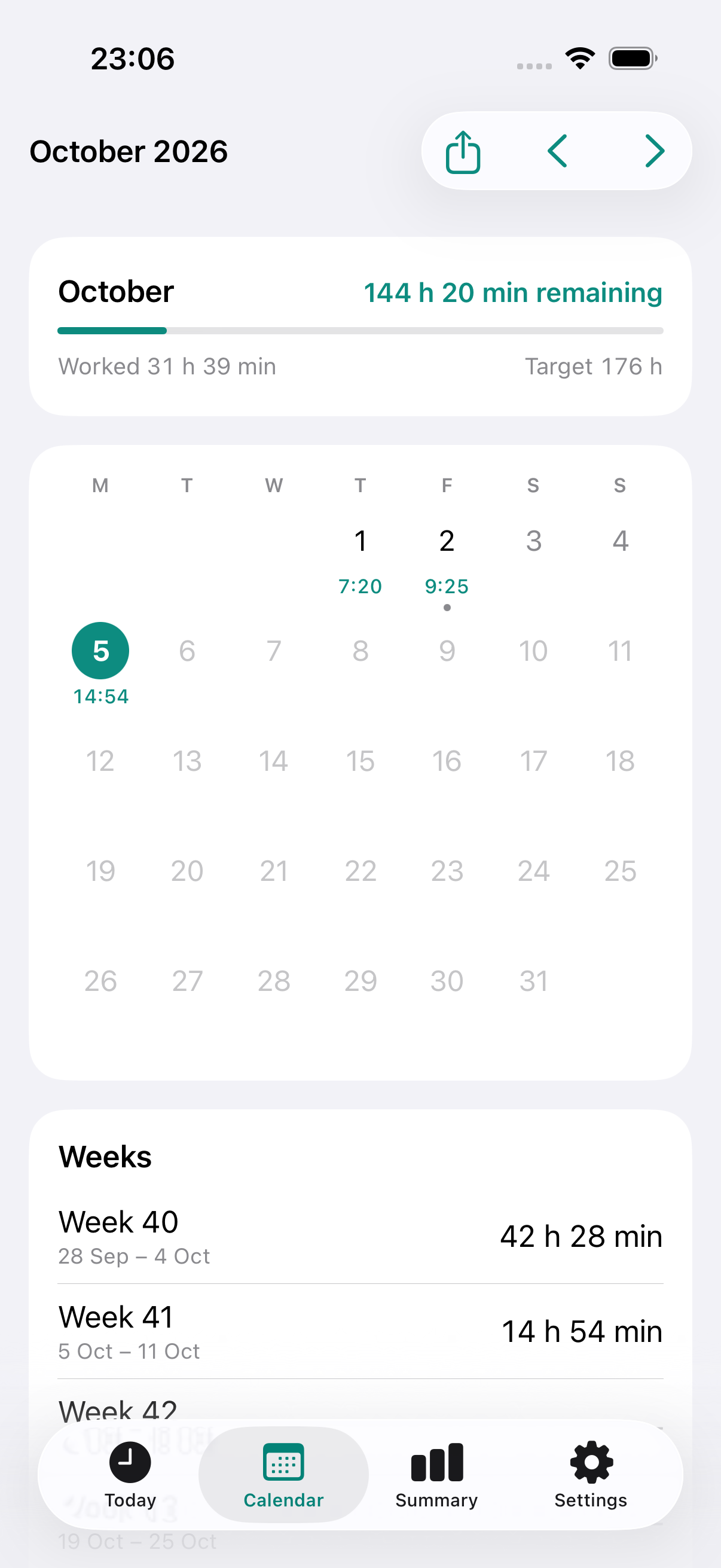 Actual HourEntry calendar with demonstration work entries, monthly target and weekly totals.